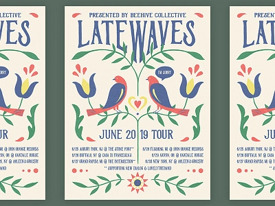 Latewaves tour poster art band bird design flower folk folk art folkart fraktur gig gigposter hex illustration logo music poster print retro vector vintage