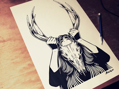 Girl Deer Skull antlers black and white deer girl illustration sketch