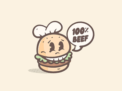 100% Beef art burger cartoon character chef chef hat design illustration logo meat print retro typography vector vintage