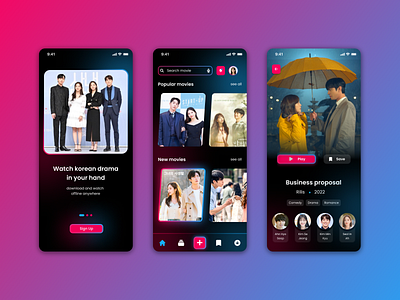 Korean drama watching application aplication clean design darkmode glassmorphism koreancomedy koreandrama mobileapp movieapp ui uiinspirations uitrends uiuxdesigner