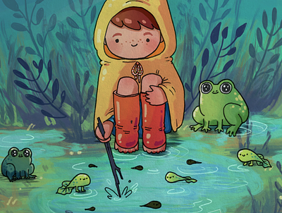 Frogspotting character character design colours concept art draw drawing frog frogs illustration kid pond sketch