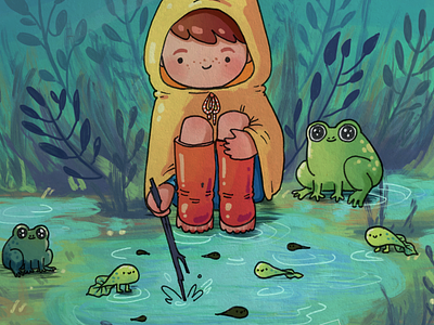 Frogspotting character character design colours concept art draw drawing frog frogs illustration kid pond sketch