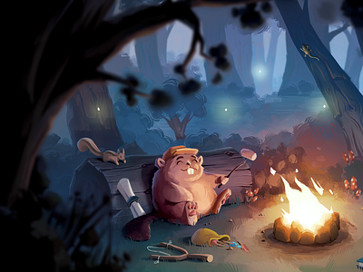Camping beaver campfire camping character design concept art drawing forest illustration woods