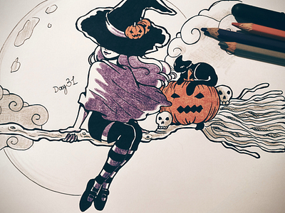 Inktober Day 31 happy Halloween! 🎃 art black cat character design drawing flying halloween moon night pumpkin sketch traditional drawing witch