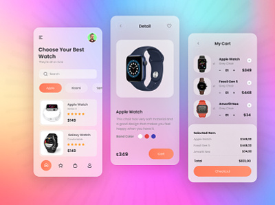 Glassmorphism Shopping App android app clock design ecommerce glass glassmorphism ios mobile mobile ui online sell shopping typography ui ux watch