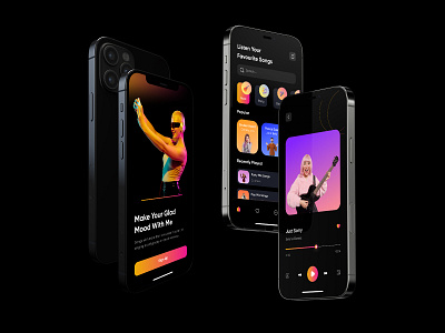 Music Player App animation app application design blackui branding darkmode darkui gradient interaction ios lyrics motion graphics music podcast screen singer trend ui ux