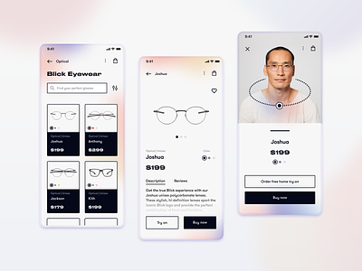Blick | eyewear shop | UI concept app augmented reality branding brutalism eyewear fashion glasses gradient mesh gradient minimal mobile soft gradient ui design ux