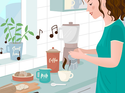 Mornings start with coffee and music character illustration coffee coffee cup illustration for animation milk sugar vector animation vector illustrations video animation
