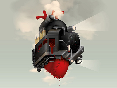 Illustration for music album floating heart illustration impossible shape locomotive surreal train