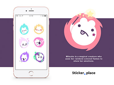 Mitsuko stickers for Sticker.Place character creature emoji emotions flames imessage magical mitsuko pack stickers