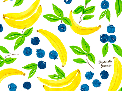 Blueberry Banana Watercolor Pattern amanda gomes fruit illustration paint pattern surface design surface pattern design watercolor