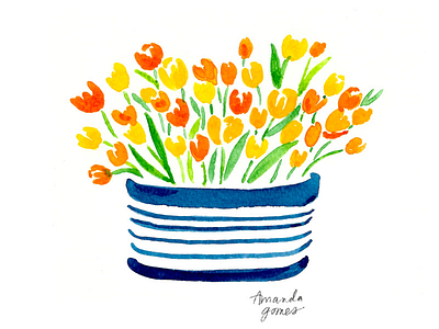 Tulips in a striped bowl amanda gomes floral arrangement flowers illustration painting spring florals surface design tulips watercolor