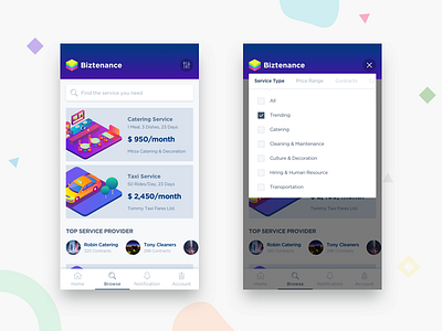 Biztenance - Browse & Filter app design browse design filter ios isometric listing search ui user interface