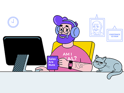 Sales dude 2d branding cat crying design illustration meme office sad startup tech vector
