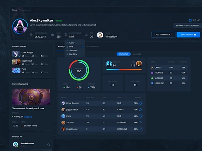 Esport site, Dota 2 - (UI, Profile) button dark blue dark ui dota 2 graphic graphicdesign graphics profile profile page statistic stats table ui user profile value