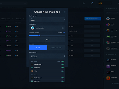 Esport Dota 2 (UI, Challenge pop-up) buttons challenge dark blue dark ui design dota2 drop list esport form input input range ipnuts modal popup switcher ui ux