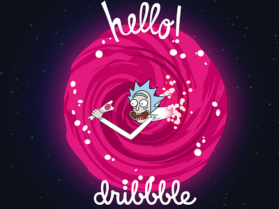 Hello dribbble dribbble hello illustration pink portal rick rick and morty space stars