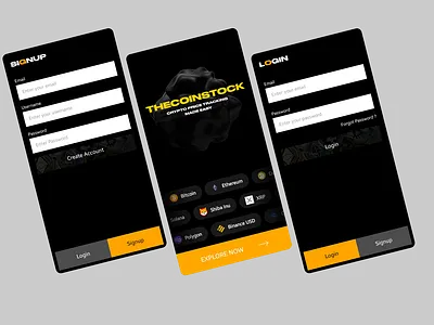 Crypto pricetracking app (login, signup, landing pages) app designing cryptocurrency design landing page login page react native signup page ui ux