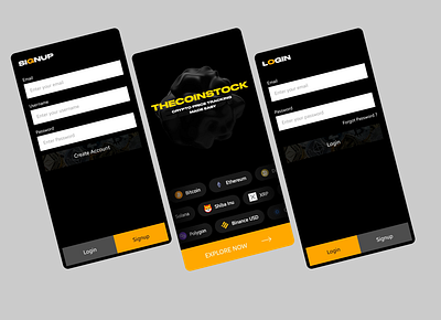 Crypto pricetracking app (login, signup, landing pages) app designing cryptocurrency design landing page login page react native signup page ui ux