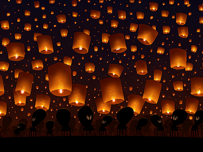 Sky Lanterns aliens black chinese dark gold lamps lanterns light night red sky space stars