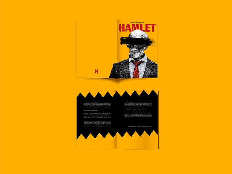 The Hamlet book flyer broshure future crazy tie black crown suits suit skeleton typography branding vector illustration design yellow poznan poland minimalist