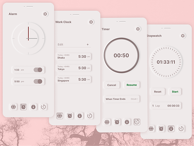 Neumorphic Clock Application for android mobile. clock website digital product designer figma mobile application ui ux