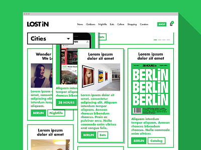 Lost In Site cards color depth flat green grid guide overlap travel website