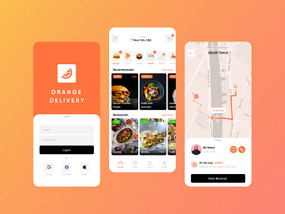 Orange Delivery App app branding delivery design food graphic design map menu mobile orange ui ux
