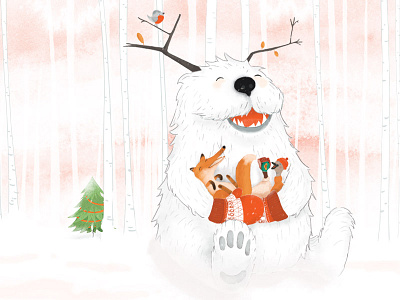 Yuri the gentle yeti singing with friends animals christmas illustration postcard print seasonal snow winter yeti