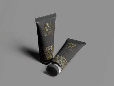 Eastern Wellness Logo Design black and gold icon logo logo design lotion mockup packaging pattern wellness