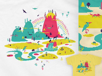 The Long Way To School animal fox hill landscape mountain nature pixel rainbow river shirt threadless tree