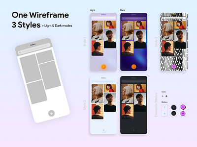 Simple Gallery in 3 different styles app design gallery icon mobile product design screens styles ui ux wireframe