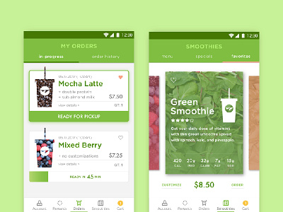 Smoothie App Screens app design menu mobile ordering product design smoothie ui user experience