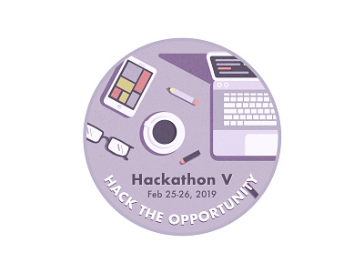 Hackathon Design badge badge logo circle coffee design glasses hackathon illustration laptop lilac purple sticker