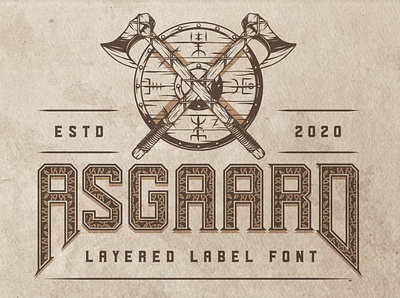Asgaard layered label font abc alphabet branding capital design font graphic hand drawn illustration layer letters logo multilingual numbers poster symbols t shirt typeface typeography vector