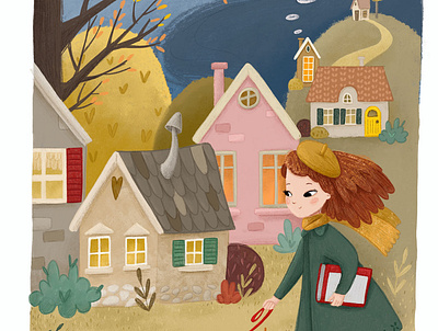 Walking the dog in the autumn autumn childrens book fall illustration. kids kids book