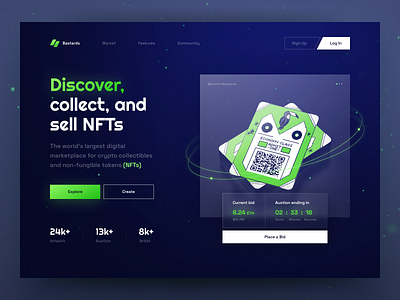 NFT Marketplace concept design digital figma graphic design green illustration landing marketplace modern nft night particles stars toxic trend trendy typography ui ux