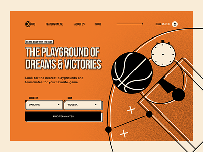 Find Your Teammates Concept art basketball concept design digital figma illustration interface landing nba newspaper orange poster retro sport teammate typography ui ux web