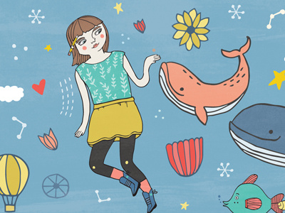 Dell Children's Illustration dell childrens digital fish flower folk hand drawn hot air balloon illustration sky whale