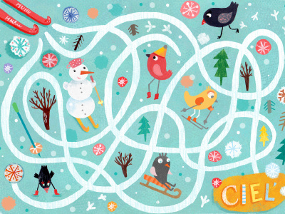 illustration for children magazine birds ski snow snowman