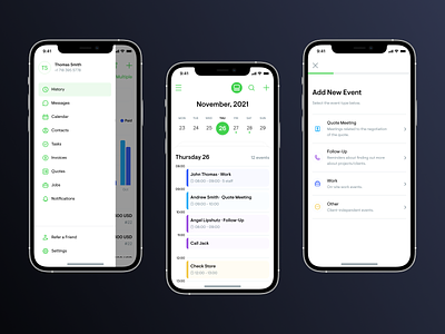 SaaS CRM iOS App app calendar crm date design event event management events hamburger menu information architecture ios menu mobile mobile menu mobile navigation mobile ui mobile ui design saas software as service time management