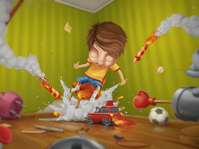 Art for upcoming game boom boy car chair child explosion game ios rocket room toy