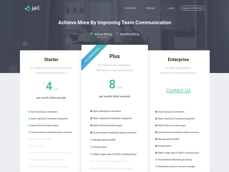 Jell s pricing page