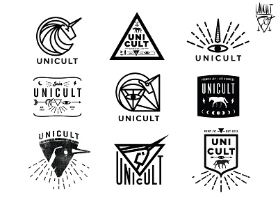 Unicult Logos all seeing eye badge badges branding cult identity john h ratajczak logo occult rays unicorn