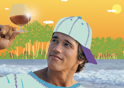 Fatbread Collective, Schwarzenegger illustration drawing digital magazine sun beach schwarzenegger photo illustration fatbread collective cap happy