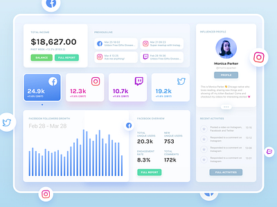 Influencer Dashboard - Metrics, Overview, Summary, Social Media