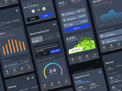 IoT energy consumption dashboard ai analytic analytics chart analytics dashboard app app design control dark dark ui data visualization device iot machine learning management mobile notification recommendation settings summary ux