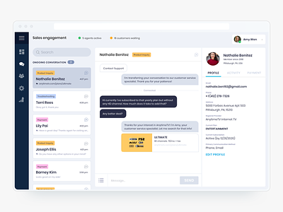 Sales Management, Customer Engagement agent analytics call call center chat console conversational ui crm customer service dashboard design integrations management profile sales summary template ui ux voice