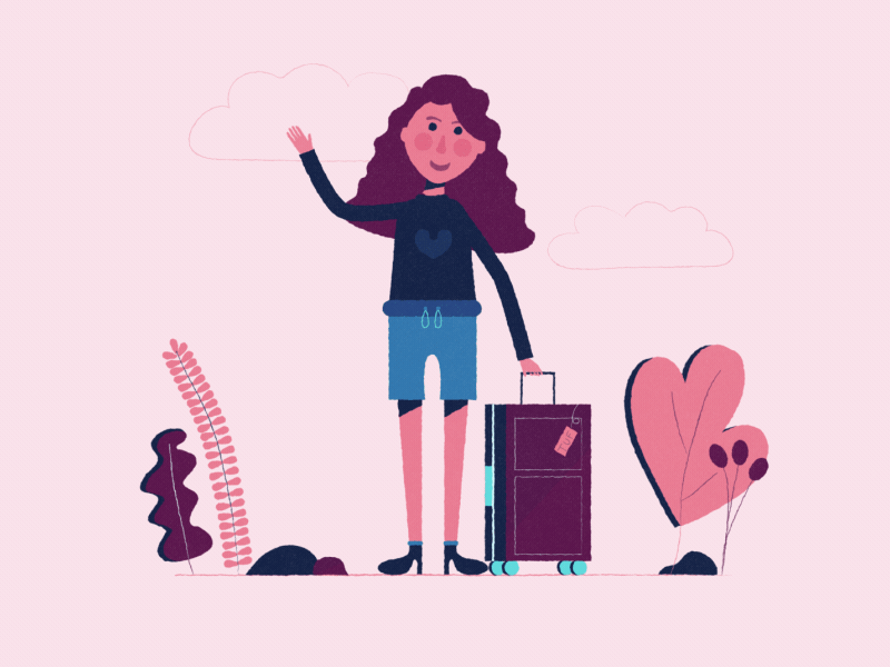 Girl with Luggage waving Hi