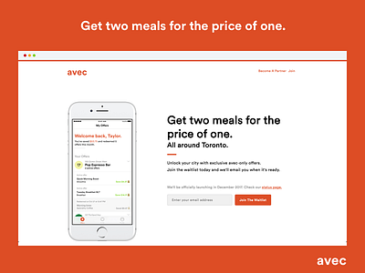 🥑🥑 getavec.com is live! 🥑🥑 app coupon food food deals list offers waitlist web design